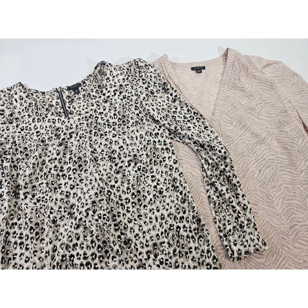 Ann Taylor Blouse Womens 12 Tan Multi Animal Print Lot of 2 Zip Back V-Neck Tops